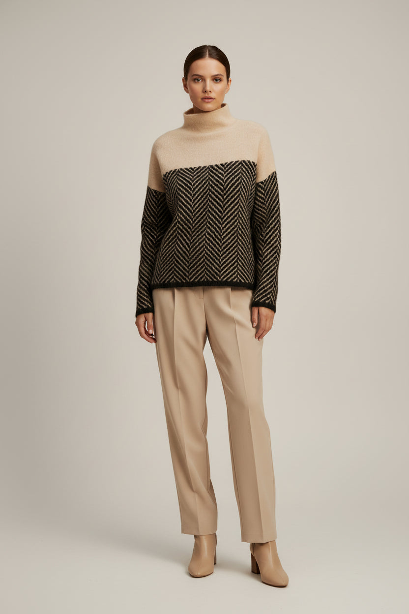 ルガーネ - レディース フィッシュボーンパターン ロールネックセーター