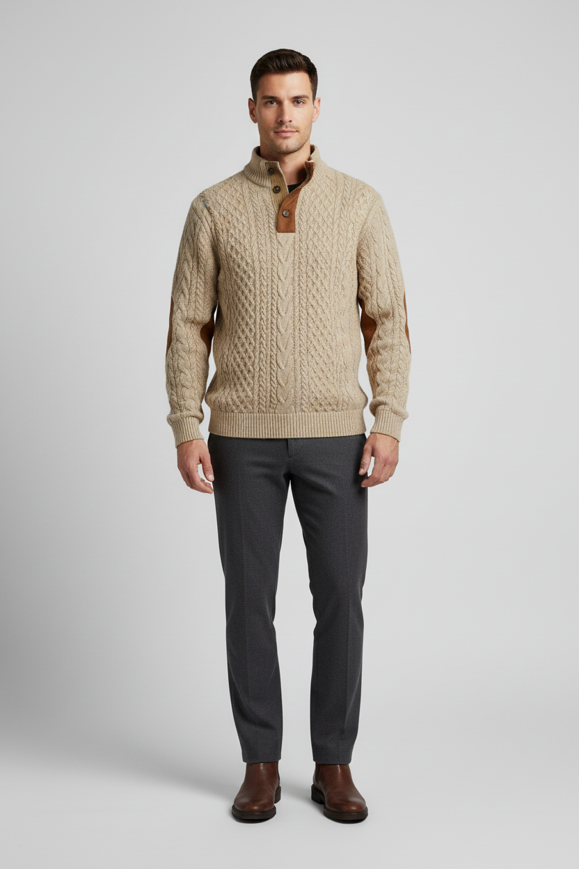 ルガーネ - メンズプレミアムケーブルニットセーター、エルボーパッチデザイン