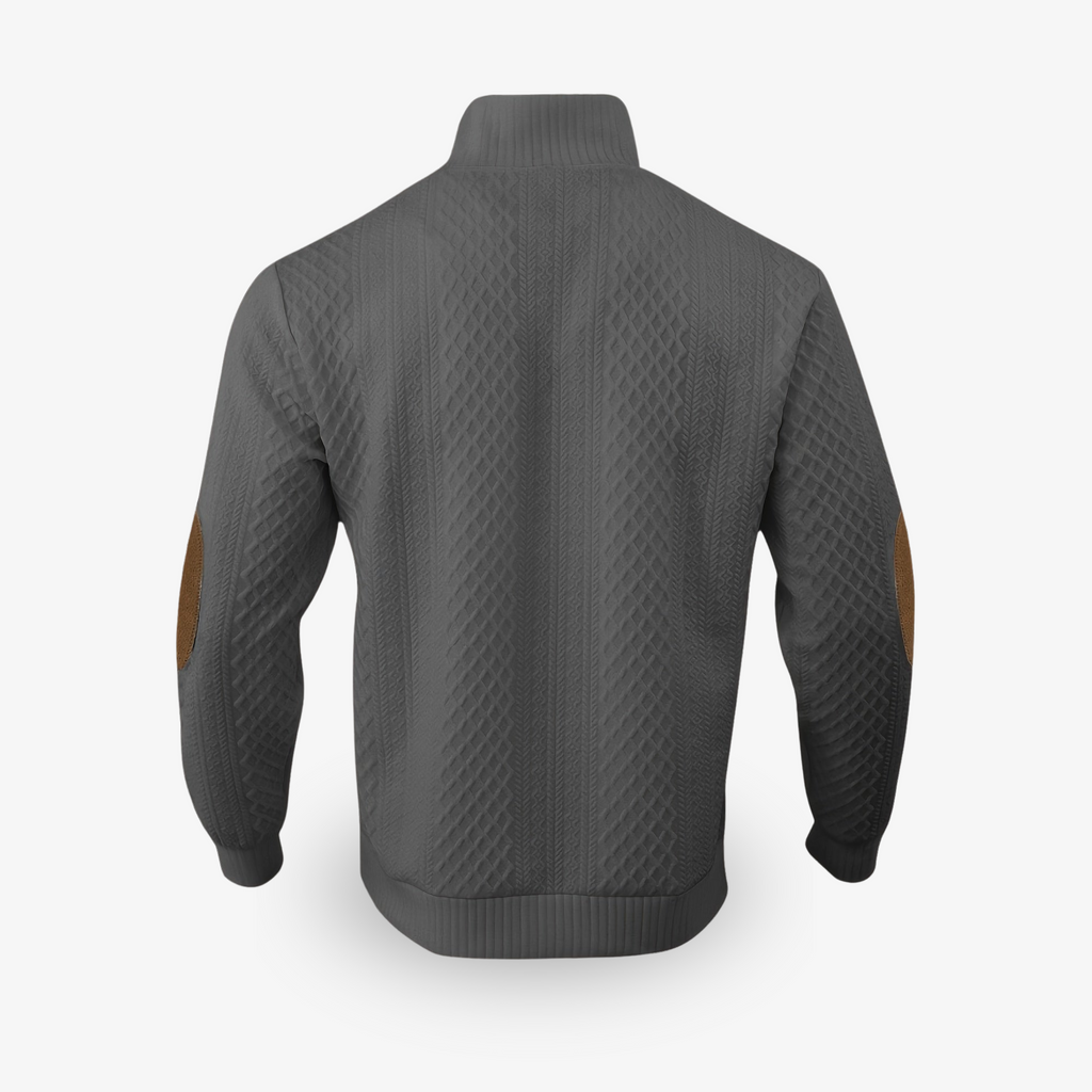 ルガーネ - メンズプレミアムケーブルニットセーター、エルボーパッチデザイン